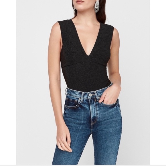 Express | Black Deep V-Neck Bodysuit with Back Bow - Picture 3 of 9